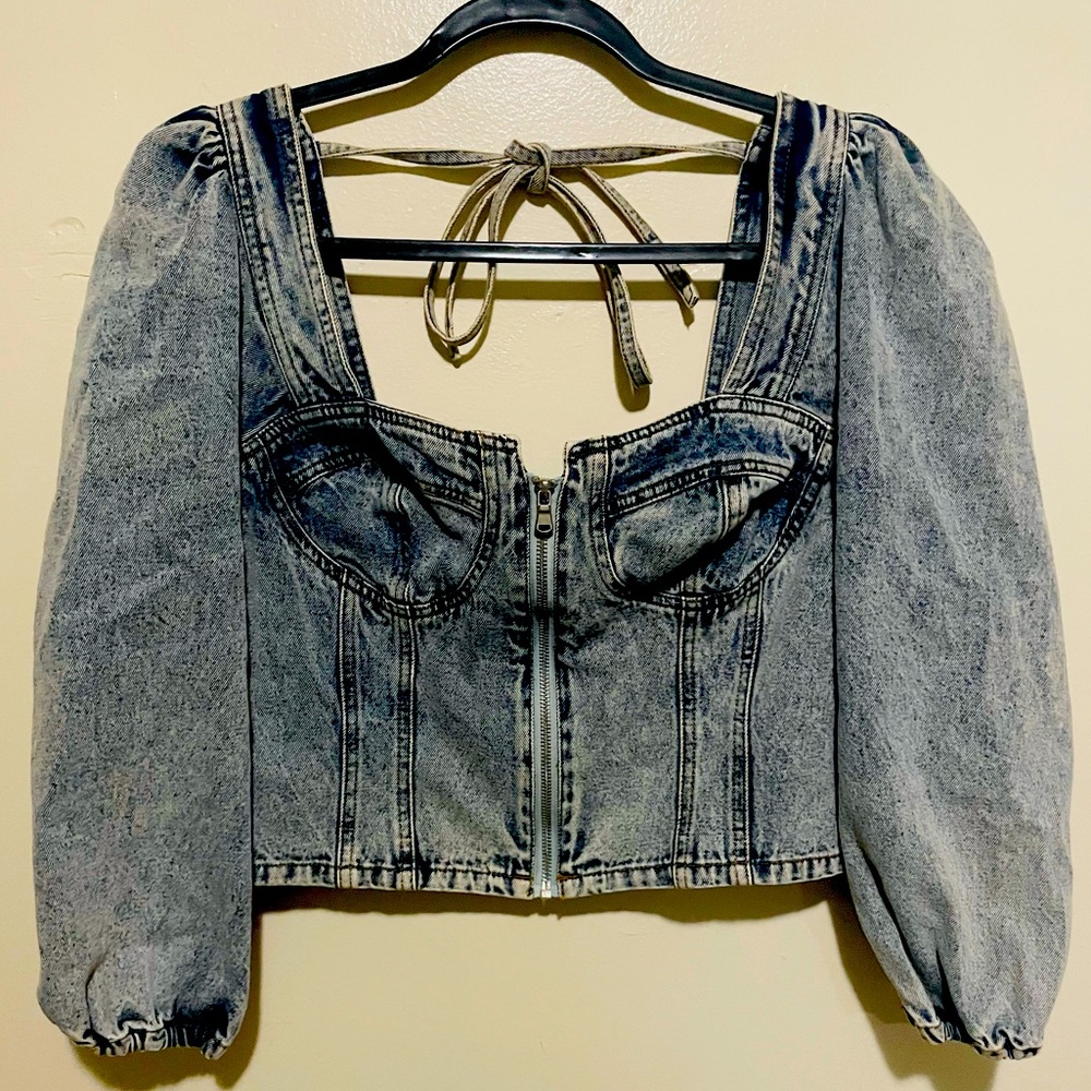 Venus Womens Denim Top Shirt 10 Blue Cropped Balloon Sleeve Front Zip Stone Wash